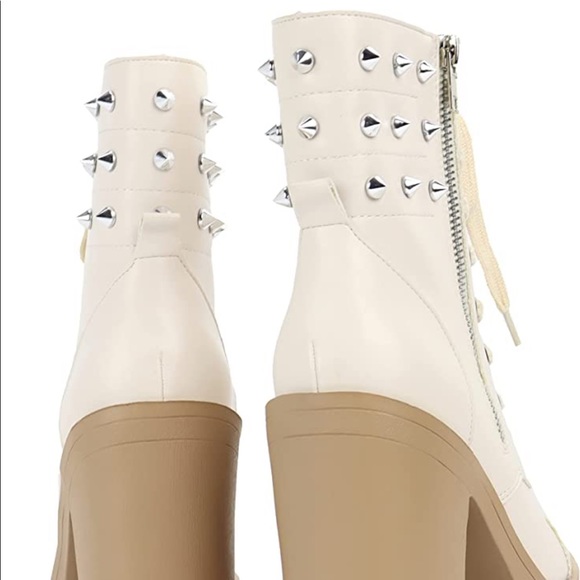 Beige studded heeled ankle boots - Picture 3 of 8